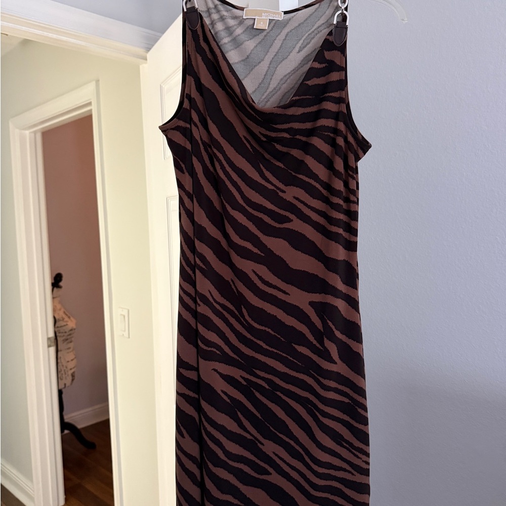 Michael Kors Zebra Print Midi Dress in Brown and Black
